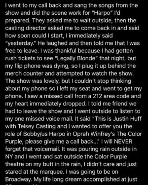 Todrick Hall Instagram - With the Color Purple being out now, I thought I’d share with you my personal “Color Purple” journey. This show changed my life…I had so much to say but it was too long to put here so swipe to read about it! I have been blessed to be in 5 Broadway Musicals, but there is nothing like your first, my Color Purple family will always hold a special place in my heart! 💜 

Go see “The Color Purple” in theatres now!