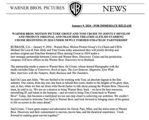 Tom Cruise Instagram - Excited to share this news. I look forward to making great movies together!