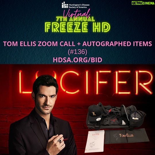 Tom Ellis Instagram - Don’t miss out on winning either of these 2 fantastic #Lucifer auction lots at the annual @hdsanational #FreezeHD event!!! It’s TOMORROW October 16th 9PM EST / 6PM PST To join the event, donate, learn more about HD go to HDSA.org/FreezeHD How to take part in the Auction: Go HDSA.org/bid and look for Item Numbers: 1 Zoom call with Lucifer swag #136 2 Lucifer Cast and Crew Exclusive package. #190 Link is in my bio Auction ends at 8:30 PM Pacific at the end of the show.