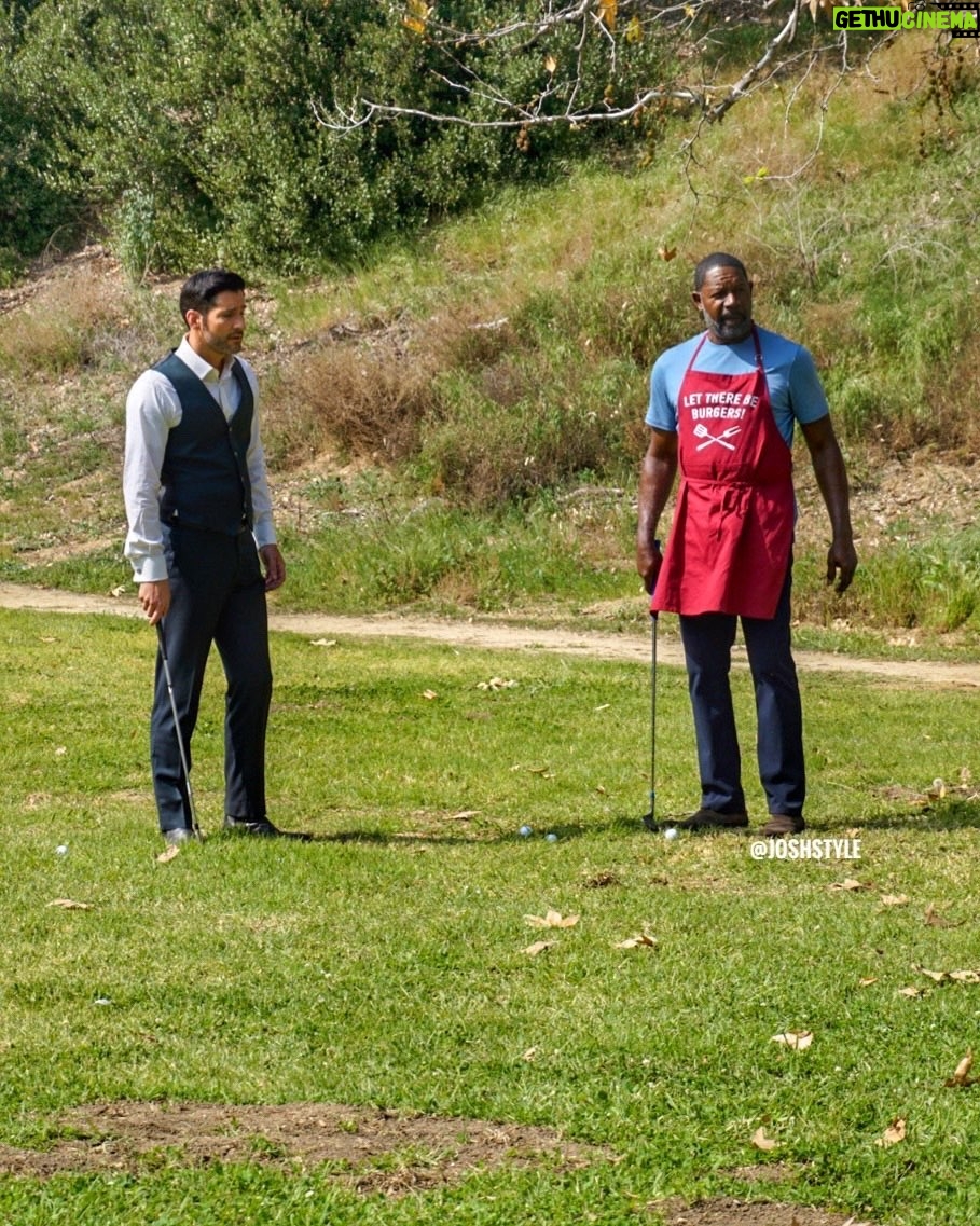 Tom Ellis - 654.2K Likes - Little #bts of me and dad aka @dennishaysbert getting our practice in whilst we can 😈⛳️#lucifer phot by @joshstyle