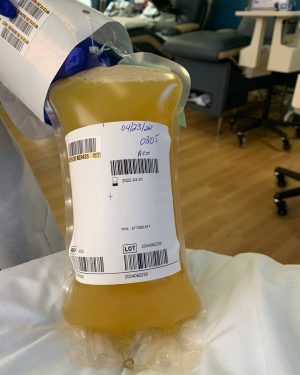 Tom Hanks Instagram - Here’s last week's bag of plasma. Such a bag!  After the paperwork, it’s as easy as taking a nap.  Thanks @arimoin and UCLA. Hanx