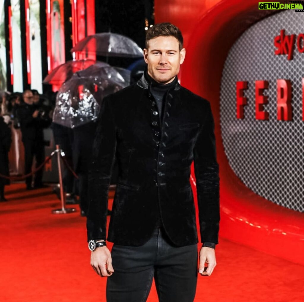 Tom Hopper Instagram - Fantastic evening at the @ferrarithemovie London premiere. Thank you to @johnvarvatos for the outfit 🙌🏼 Which, considering it was made of velvet, was surprisingly quite rain resistant on a ridiculously wet evening!🌧 @millermode 🙏🏼💙 @breitling_uk @breitling ⌚ Odeon Leicester Square