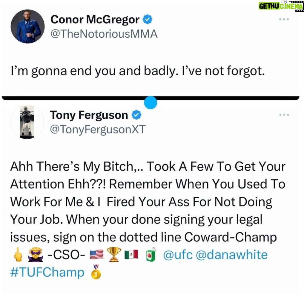 Tony Ferguson Instagram - “Ahh There’s My Bitch,.. Took A Few To Get Your Attention Ehh??! Remember When You Used To Work For Me & I Fired Your Ass For Not Doing Your Job. When your done signing your legal issues, sign on the dotted line Coward-Champ 🖕🦹‍♂️ -CSO- 🇺🇸🏆🇲🇽 🧃 @ufc @danawhite #TUFChamp 🥇