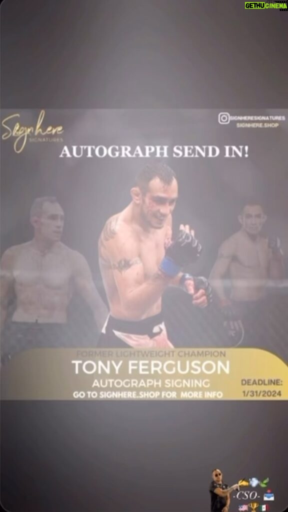 Tony Ferguson Instagram - Crew🍃 I Get Lots Of Requests For Me To Sign Posters, Gloves, Shirts, Ladies Underwear Etc. Nah Mean?! 🤷‍♂️ Check It Out!!! Send Your Items YOU want ME to Draw & Scribble My “Herbie🥇Hancock” (Signature) To @signheresignatures🤝 Its Fast, Easy, and Quick 📈 Perfect For Adding To Your Collection Of Awesomeness 📁 Birthday🎁Gifts, Just ✨Because & Upcoming🎉Events. Get Then In Before 1/31/24 & I Personally Will Add Something Special To Your Order🍃 -Champ 🦹‍♂️ -CSO- 🇺🇸🏆🇲🇽 # 1st Day Back To Recovery # MentallyReadyForAllEndeavors ⚔️👓 #palabra #ufc #ufcfightnight #ufcfighter #tonyferguson #mma #mmajunkie #ufcgym #mma👊 #mmafighter #elcucuy #cso #ufc229 #ufc242 #mma #davidgoggins #mmaworld #mmatraining #mmalifestyle #hashtag #️⃣