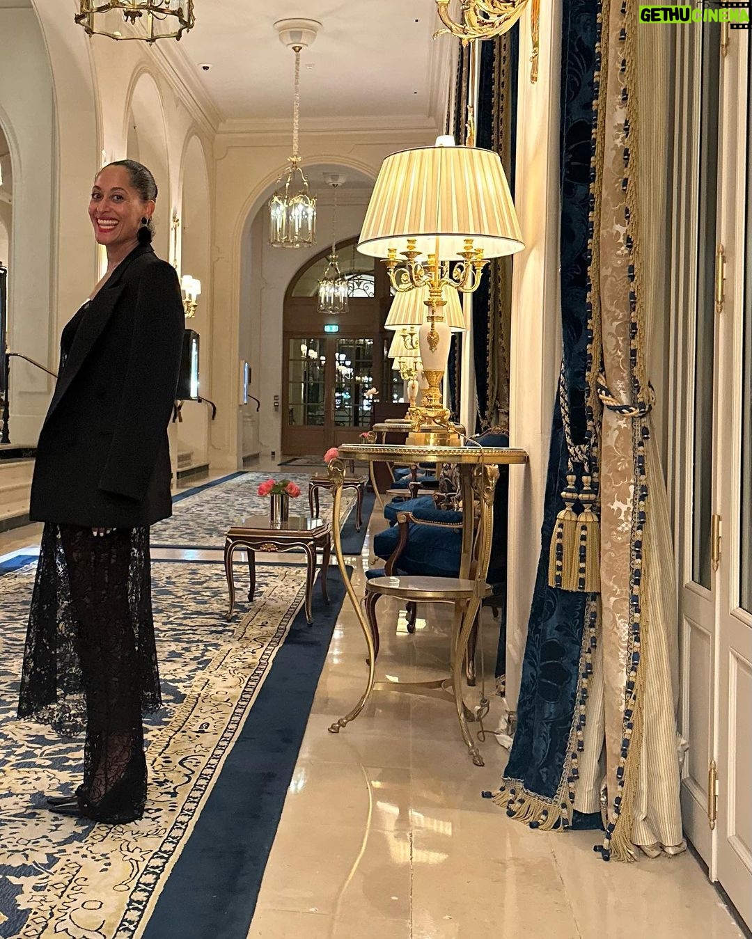 Tracee Ellis Ross Instagram - The PURE JOY I get from playing in my closet and putting together a look! I bought these @ysl lace pants a while ago. Never wore em. Couldn’t figure em out. Then I bought this @prada lace dress and the stars aligned. Paired with my #bottega pumps, @araksofficial bra & panty, old Prada earrings and old SL tux jacket and my gawd …I felt like a dream. Thank you Paris for giving this look a chic back drop. It’s so good y’all might see this one again. Paris,France