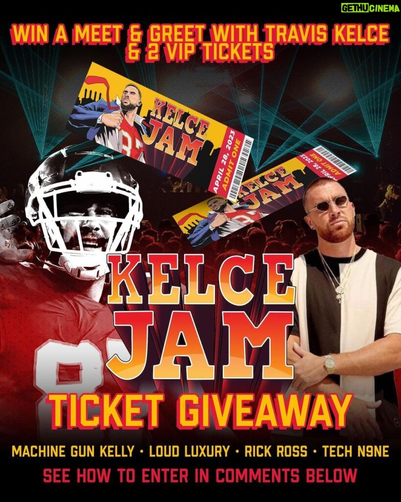 Travis Kelce Instagram - ⚡️WIN A MEET & GREET WITH @KILLATRAV & 2 VIP TICKETS TO @kelcejam ⚡️ T️ickets to Kelce Jam are nearly 100% sold out, but now is your chance to fight for your right to party with  @MachineGunKelly, @richforever, @loudluxury, & @therealtechn9ne on Friday, April 28th at @AzuraAmp for one of the biggest events in Kansas City history.  HOW TO ENTER: ❤️ Like this photo 🤘 Follow @killatrav & @kelcejam  👯 Tag 3 friends & use #KelceJam in comments 💻 Visit www.Kelcejam.com for more event information *Contest ends Thur 4/20 at 11:59pm CST **Winners Must be 21+ ***Winner must be able to attend & bring one guest, no flight/travel included Azura Amphitheater