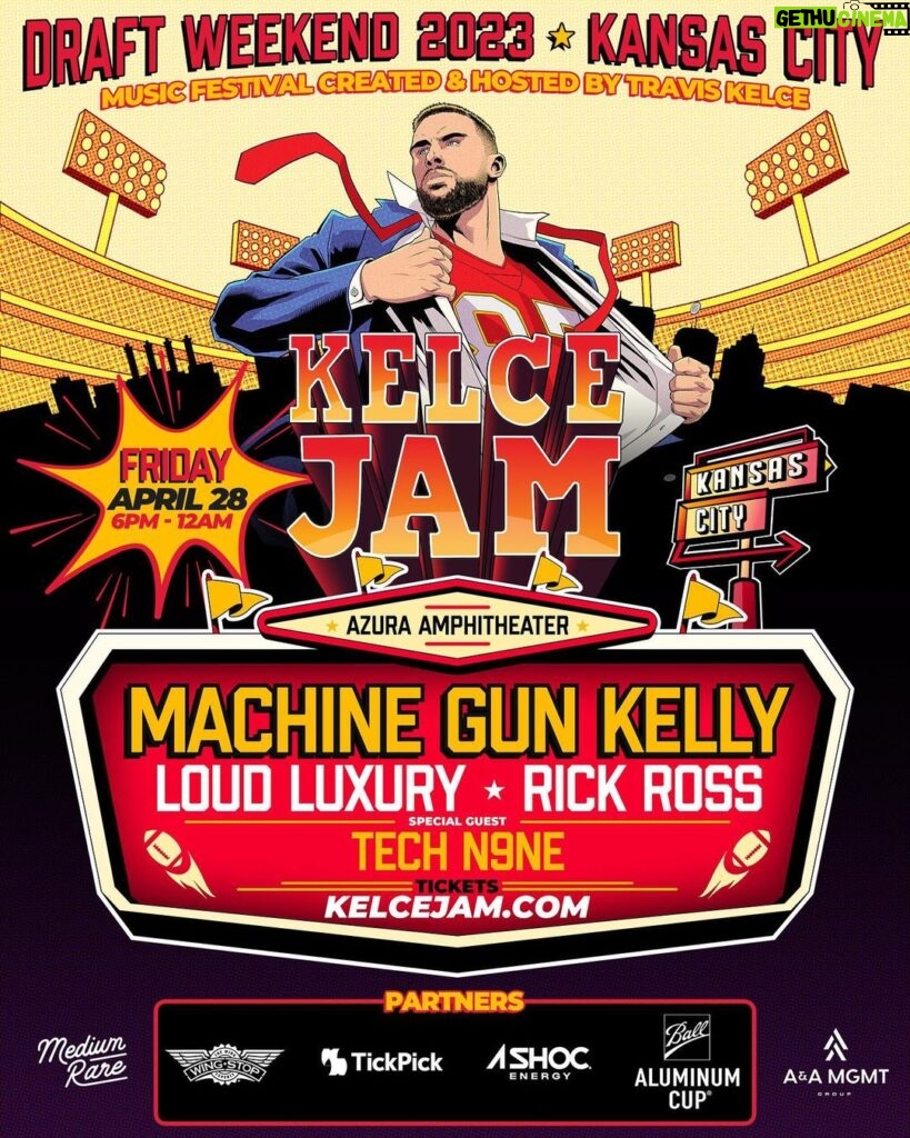 Travis Kelce Instagram - Kansas City are you ready to fight for your right to party?! I'm excited to announce one of KC’s biggest events ever…my very own music festival @kelcejam! Featuring my homies and superstar artists @machinegunkelly, @richforever, @loudluxury, & @therealtechn9ne, this will be Draft Weekend’s best event and the perfect way to continue celebrating our championship season. Join me Friday night, April 28, as we transform The Azura Amphitheater into Kelce-Mania. The Ticket Pre-sale begins this Friday at 10AM CST with tickets beginning at $49. Register for Presale Tickets & VIP Tickets presented by @tickpick now at www.KelceJam.com. This event will sell out so register now and buy your tickets early! So much more than a music festival, prepare for superstar performances, KC’s best BBQ (@joeskc and @q39kc ), interactive brand activations from @wingstop, @tickpick, @ashocenergy, @ballaluminumcup, football games, and much more...the best part is the whole city is invited!