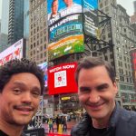 Trevor Noah Instagram - I told @rogerfederer I was gonna post this pic of us with the caption “A 🍕 home in the Big 🍎” and he said “that’s so great” but he had that “that’s so great, I’m gonna hurry and post it first!” look in his eye. I don’t have the heart to go to his page and see if he would even do such a thing. 😬 Times Square, New York City
