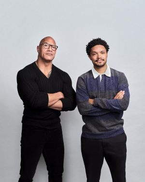 Trevor Noah Instagram - Today is the day! The premiere episode of my new podcast ‘What Now?’ with my ridiculously good-looking first guest… Dwayne @TheRock Johnson! (His words, not mine. But… I guess also my words now too, as I’m not about to argue with The Rock) Just watch the episode! … or else! (Again, his words) 😬😬😬 Link in bio! 🙌🏾