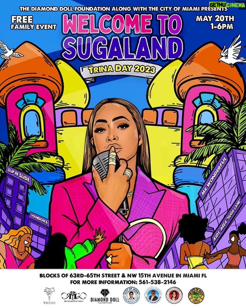 Trina Instagram - May 20th “TRINA DAY” “Welcome To SUGALAND” 💜🧡💙💗💛💚🩵 Located at 6400 NW 15th Ave (btween 62nd street thru 66th street) 1pm-6pm TRUST ME YOU DON’T WANT TO MISS IT 🔥💥🥹 FREE EVENT For All Family and Kids 🥰
