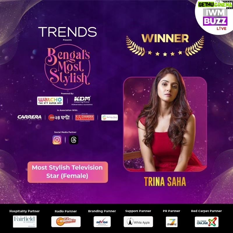 Trina Saha Instagram - Trina Saha(@trinasaha21) lights up the screen with her talent and style! She's the Most Stylish Television Star (Female). Presented by: @reliancetrends Powered by: @watchoapp @kdmindia In Association with: @carrera @zee24ghanta_ @p.c.chandrajewellers @nettvalue Social Media Partner: @instagram @threads Hospitality Partner: @fairfieldkolkata Radio Partner: @919friendsfm Branding Partner: Advise Group Support Partner: @whiteapplellp PR Partner: 7 Dreamz Red Carpet Partner: @tollyonline An Initiative By IWMBuzz Live #bengalsmoststylish #iwmbuzz