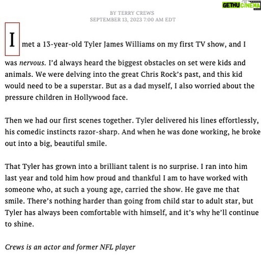 Tyler James Williams - 55.2K Likes - Beyond honored to make the 2023 #TIME100NEXT list and forever grateful to @time and @terrycrews for the kind words and continued love. My heart is so incredibly full. β€οΈβ€οΈβ€οΈβ€οΈ
πΈ: @iamjamesanthony