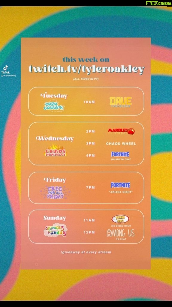 Tyler Oakley Instagram - join us this week on twitch for a cozy tuesday morning, community game day wednesday, ariana grande night on friday, & 70s bingo & among us on sunday!