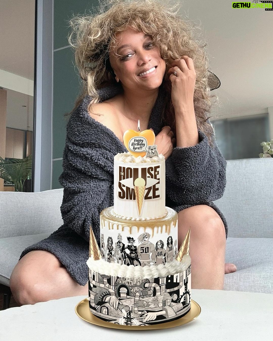 Tyra Banks Instagram - 50. I can’t believe I’ve been on this earth 🌏that many years. I remember like yesterday my mom‘s 50th birthday party 🥳 and we celebrated her in the biggest way. It was a big one. And now it’s mine. So many fear getting older. That’s understandable. Things just aren’t the same anymore. Our bodies. Our energy. Our minds. 🧠 But I gotta say, my mind is FIERCER THAN EVER. Wise, baby. But still… I think we have to look at aging and these big milestone years like, “I GET to be that age.” A Blessing. If you’re younger than me 👧👦, I HOPE you get to reach my age and BEYOND. Because it feels damn good. (What doesn’t feel so good is the damn sciatica I got from falling in a scene in Life-Size 2!!! ) Wise words from Auntie TyTy: You don’t have to stay stuck. You can start off doing one thing, and as the years go by, you switch that ish up. ➰Yeah, I started in the fashion world and did the whole magazine covers, catwalks and couture 💄 thing and more but I have pivoted, baby. Again. You can 2. Can’t stop. Won’t stop. You hear me?! My mama and I have been obsessed with ice cream 🍦for forever. And now (and WOW), I got me some big ice cream DREAMS with @SMiZEandDREAM. I work on the biz 7 days a week. It’s hard work, man. Like crazy. But I’m IN LOVE with it. Because it’s not just about ice cream. It’s about inspiring people to make their dreams come true. What can YOU do well that peeps don’t know? Y’all may not know this, but I can write - scripts, essays, fiction - and I’m damn good at it. (When you’re 50, you can brag about yourself!) And now, I’m co-writing a SMiZE & DREAM graphic novel📕that’s all about age and dreams and yep, lotsa yummy ice cream 🍨. It’s called THE HOUSE OF SMiZE. (Y’all helped pick that title!) So I decided to celebrate 50 with cake 🎂graphic art themed to my new tasty and exciting dream. (When you’re 50, you can photoshop your cake in because you’re too busy doing big thangs!) So now I’m turning to you. Yeah, it’s my birthday but I am curious about YOU. What’s YOUR DREAM? Don’t sleep on it. 🚫💤 Wake up and DREAM🌞…and share it with me. 👇🏽 2024 is around the corner and we are gonna DREAM really BIG…together. 💛TyTy