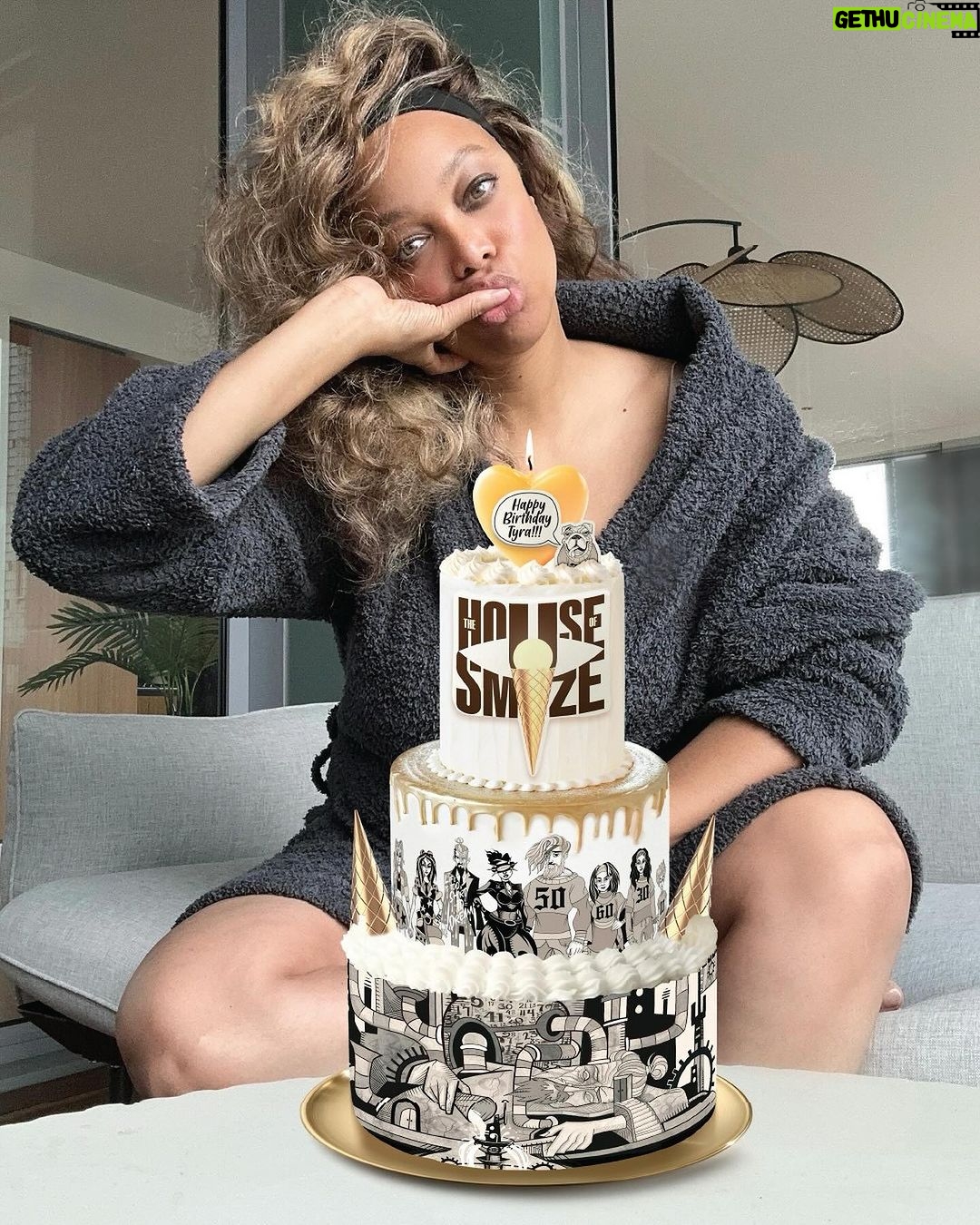 Tyra Banks Instagram - 50. I can’t believe I’ve been on this earth 🌏that many years. I remember like yesterday my mom‘s 50th birthday party 🥳 and we celebrated her in the biggest way. It was a big one. And now it’s mine. So many fear getting older. That’s understandable. Things just aren’t the same anymore. Our bodies. Our energy. Our minds. 🧠 But I gotta say, my mind is FIERCER THAN EVER. Wise, baby. But still… I think we have to look at aging and these big milestone years like, “I GET to be that age.” A Blessing. If you’re younger than me 👧👦, I HOPE you get to reach my age and BEYOND. Because it feels damn good. (What doesn’t feel so good is the damn sciatica I got from falling in a scene in Life-Size 2!!! ) Wise words from Auntie TyTy: You don’t have to stay stuck. You can start off doing one thing, and as the years go by, you switch that ish up. ➰Yeah, I started in the fashion world and did the whole magazine covers, catwalks and couture 💄 thing and more but I have pivoted, baby. Again. You can 2. Can’t stop. Won’t stop. You hear me?! My mama and I have been obsessed with ice cream 🍦for forever. And now (and WOW), I got me some big ice cream DREAMS with @SMiZEandDREAM. I work on the biz 7 days a week. It’s hard work, man. Like crazy. But I’m IN LOVE with it. Because it’s not just about ice cream. It’s about inspiring people to make their dreams come true. What can YOU do well that peeps don’t know? Y’all may not know this, but I can write - scripts, essays, fiction - and I’m damn good at it. (When you’re 50, you can brag about yourself!) And now, I’m co-writing a SMiZE & DREAM graphic novel📕that’s all about age and dreams and yep, lotsa yummy ice cream 🍨. It’s called THE HOUSE OF SMiZE. (Y’all helped pick that title!) So I decided to celebrate 50 with cake 🎂graphic art themed to my new tasty and exciting dream. (When you’re 50, you can photoshop your cake in because you’re too busy doing big thangs!) So now I’m turning to you. Yeah, it’s my birthday but I am curious about YOU. What’s YOUR DREAM? Don’t sleep on it. 🚫💤 Wake up and DREAM🌞…and share it with me. 👇🏽 2024 is around the corner and we are gonna DREAM really BIG…together. 💛TyTy