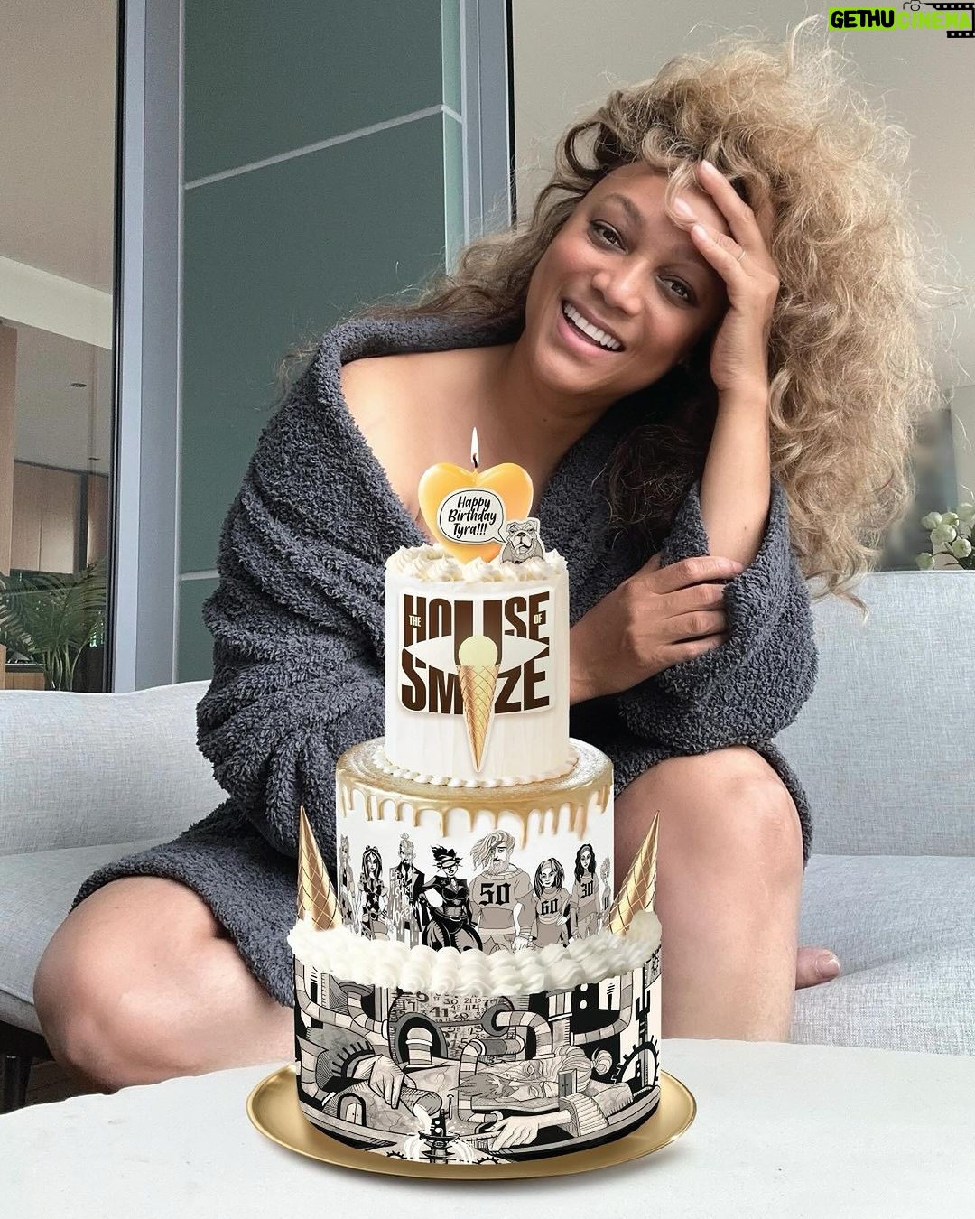 Tyra Banks Instagram - 50. I can’t believe I’ve been on this earth 🌏that many years. I remember like yesterday my mom‘s 50th birthday party 🥳 and we celebrated her in the biggest way. It was a big one. And now it’s mine. So many fear getting older. That’s understandable. Things just aren’t the same anymore. Our bodies. Our energy. Our minds. 🧠 But I gotta say, my mind is FIERCER THAN EVER. Wise, baby. But still… I think we have to look at aging and these big milestone years like, “I GET to be that age.” A Blessing. If you’re younger than me 👧👦, I HOPE you get to reach my age and BEYOND. Because it feels damn good. (What doesn’t feel so good is the damn sciatica I got from falling in a scene in Life-Size 2!!! ) Wise words from Auntie TyTy: You don’t have to stay stuck. You can start off doing one thing, and as the years go by, you switch that ish up. ➰Yeah, I started in the fashion world and did the whole magazine covers, catwalks and couture 💄 thing and more but I have pivoted, baby. Again. You can 2. Can’t stop. Won’t stop. You hear me?! My mama and I have been obsessed with ice cream 🍦for forever. And now (and WOW), I got me some big ice cream DREAMS with @SMiZEandDREAM. I work on the biz 7 days a week. It’s hard work, man. Like crazy. But I’m IN LOVE with it. Because it’s not just about ice cream. It’s about inspiring people to make their dreams come true. What can YOU do well that peeps don’t know? Y’all may not know this, but I can write - scripts, essays, fiction - and I’m damn good at it. (When you’re 50, you can brag about yourself!) And now, I’m co-writing a SMiZE & DREAM graphic novel📕that’s all about age and dreams and yep, lotsa yummy ice cream 🍨. It’s called THE HOUSE OF SMiZE. (Y’all helped pick that title!) So I decided to celebrate 50 with cake 🎂graphic art themed to my new tasty and exciting dream. (When you’re 50, you can photoshop your cake in because you’re too busy doing big thangs!) So now I’m turning to you. Yeah, it’s my birthday but I am curious about YOU. What’s YOUR DREAM? Don’t sleep on it. 🚫💤 Wake up and DREAM🌞…and share it with me. 👇🏽 2024 is around the corner and we are gonna DREAM really BIG…together. 💛TyTy