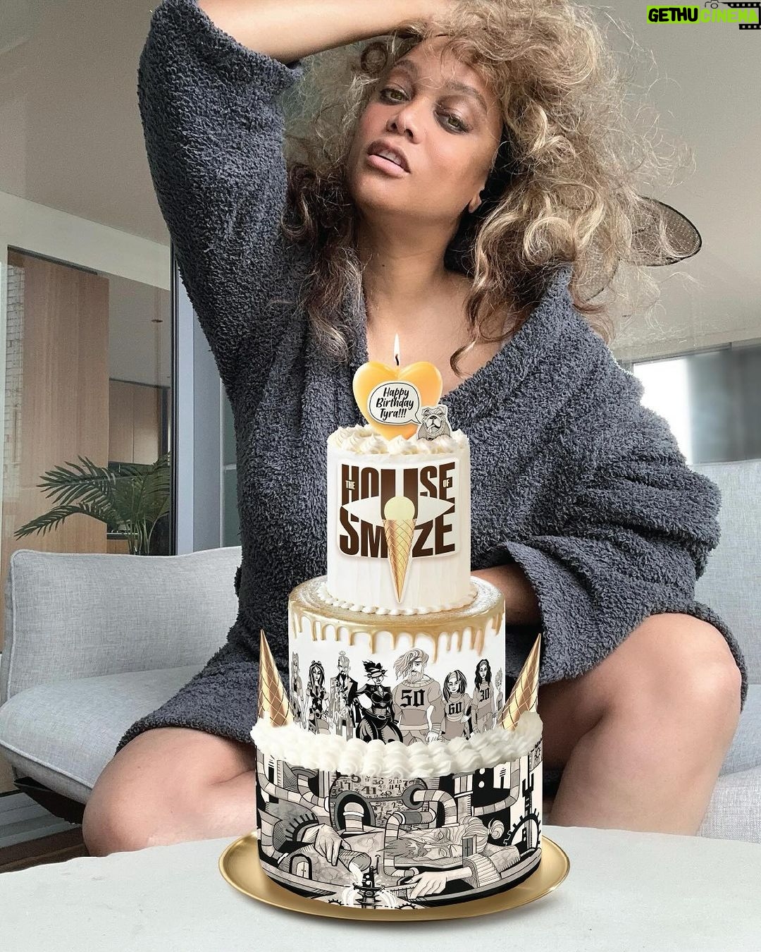 Tyra Banks Instagram - 50. I can’t believe I’ve been on this earth 🌏that many years. I remember like yesterday my mom‘s 50th birthday party 🥳 and we celebrated her in the biggest way. It was a big one. And now it’s mine. So many fear getting older. That’s understandable. Things just aren’t the same anymore. Our bodies. Our energy. Our minds. 🧠 But I gotta say, my mind is FIERCER THAN EVER. Wise, baby. But still… I think we have to look at aging and these big milestone years like, “I GET to be that age.” A Blessing. If you’re younger than me 👧👦, I HOPE you get to reach my age and BEYOND. Because it feels damn good. (What doesn’t feel so good is the damn sciatica I got from falling in a scene in Life-Size 2!!! ) Wise words from Auntie TyTy: You don’t have to stay stuck. You can start off doing one thing, and as the years go by, you switch that ish up. ➰Yeah, I started in the fashion world and did the whole magazine covers, catwalks and couture 💄 thing and more but I have pivoted, baby. Again. You can 2. Can’t stop. Won’t stop. You hear me?! My mama and I have been obsessed with ice cream 🍦for forever. And now (and WOW), I got me some big ice cream DREAMS with @SMiZEandDREAM. I work on the biz 7 days a week. It’s hard work, man. Like crazy. But I’m IN LOVE with it. Because it’s not just about ice cream. It’s about inspiring people to make their dreams come true. What can YOU do well that peeps don’t know? Y’all may not know this, but I can write - scripts, essays, fiction - and I’m damn good at it. (When you’re 50, you can brag about yourself!) And now, I’m co-writing a SMiZE & DREAM graphic novel📕that’s all about age and dreams and yep, lotsa yummy ice cream 🍨. It’s called THE HOUSE OF SMiZE. (Y’all helped pick that title!) So I decided to celebrate 50 with cake 🎂graphic art themed to my new tasty and exciting dream. (When you’re 50, you can photoshop your cake in because you’re too busy doing big thangs!) So now I’m turning to you. Yeah, it’s my birthday but I am curious about YOU. What’s YOUR DREAM? Don’t sleep on it. 🚫💤 Wake up and DREAM🌞…and share it with me. 👇🏽 2024 is around the corner and we are gonna DREAM really BIG…together. 💛TyTy