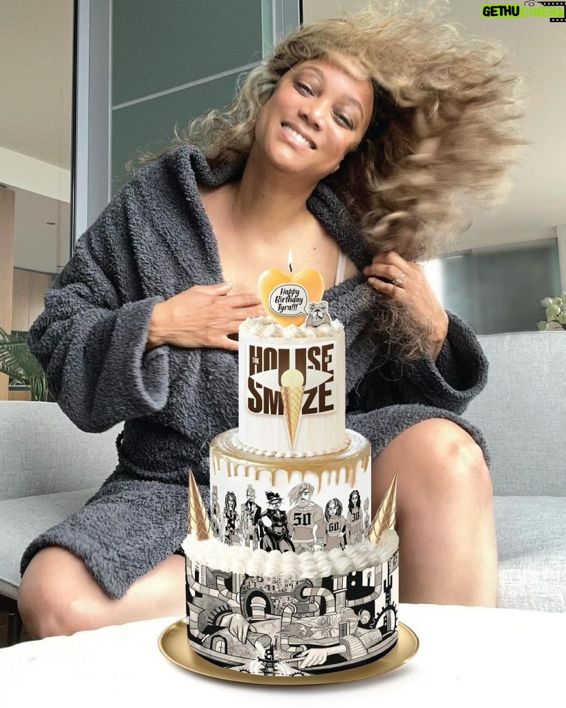 Tyra Banks Instagram - 50. I can’t believe I’ve been on this earth 🌏that many years. I remember like yesterday my mom‘s 50th birthday party 🥳 and we celebrated her in the biggest way. It was a big one. And now it’s mine. So many fear getting older. That’s understandable. Things just aren’t the same anymore. Our bodies. Our energy. Our minds. 🧠 But I gotta say, my mind is FIERCER THAN EVER. Wise, baby. But still… I think we have to look at aging and these big milestone years like, “I GET to be that age.” A Blessing. If you’re younger than me 👧👦, I HOPE you get to reach my age and BEYOND. Because it feels damn good. (What doesn’t feel so good is the damn sciatica I got from falling in a scene in Life-Size 2!!! ) Wise words from Auntie TyTy: You don’t have to stay stuck. You can start off doing one thing, and as the years go by, you switch that ish up. ➰Yeah, I started in the fashion world and did the whole magazine covers, catwalks and couture 💄 thing and more but I have pivoted, baby. Again. You can 2. Can’t stop. Won’t stop. You hear me?! My mama and I have been obsessed with ice cream 🍦for forever. And now (and WOW), I got me some big ice cream DREAMS with @SMiZEandDREAM. I work on the biz 7 days a week. It’s hard work, man. Like crazy. But I’m IN LOVE with it. Because it’s not just about ice cream. It’s about inspiring people to make their dreams come true. What can YOU do well that peeps don’t know? Y’all may not know this, but I can write - scripts, essays, fiction - and I’m damn good at it. (When you’re 50, you can brag about yourself!) And now, I’m co-writing a SMiZE & DREAM graphic novel📕that’s all about age and dreams and yep, lotsa yummy ice cream 🍨. It’s called THE HOUSE OF SMiZE. (Y’all helped pick that title!) So I decided to celebrate 50 with cake 🎂graphic art themed to my new tasty and exciting dream. (When you’re 50, you can photoshop your cake in because you’re too busy doing big thangs!) So now I’m turning to you. Yeah, it’s my birthday but I am curious about YOU. What’s YOUR DREAM? Don’t sleep on it. 🚫💤 Wake up and DREAM🌞…and share it with me. 👇🏽 2024 is around the corner and we are gonna DREAM really BIG…together. 💛TyTy