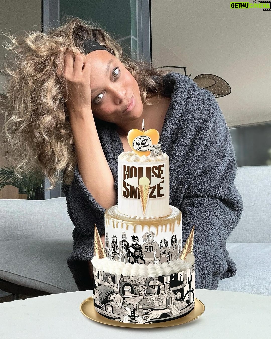 Tyra Banks Instagram - 50. I can’t believe I’ve been on this earth 🌏that many years. I remember like yesterday my mom‘s 50th birthday party 🥳 and we celebrated her in the biggest way. It was a big one. And now it’s mine. So many fear getting older. That’s understandable. Things just aren’t the same anymore. Our bodies. Our energy. Our minds. 🧠 But I gotta say, my mind is FIERCER THAN EVER. Wise, baby. But still… I think we have to look at aging and these big milestone years like, “I GET to be that age.” A Blessing. If you’re younger than me 👧👦, I HOPE you get to reach my age and BEYOND. Because it feels damn good. (What doesn’t feel so good is the damn sciatica I got from falling in a scene in Life-Size 2!!! ) Wise words from Auntie TyTy: You don’t have to stay stuck. You can start off doing one thing, and as the years go by, you switch that ish up. ➰Yeah, I started in the fashion world and did the whole magazine covers, catwalks and couture 💄 thing and more but I have pivoted, baby. Again. You can 2. Can’t stop. Won’t stop. You hear me?! My mama and I have been obsessed with ice cream 🍦for forever. And now (and WOW), I got me some big ice cream DREAMS with @SMiZEandDREAM. I work on the biz 7 days a week. It’s hard work, man. Like crazy. But I’m IN LOVE with it. Because it’s not just about ice cream. It’s about inspiring people to make their dreams come true. What can YOU do well that peeps don’t know? Y’all may not know this, but I can write - scripts, essays, fiction - and I’m damn good at it. (When you’re 50, you can brag about yourself!) And now, I’m co-writing a SMiZE & DREAM graphic novel📕that’s all about age and dreams and yep, lotsa yummy ice cream 🍨. It’s called THE HOUSE OF SMiZE. (Y’all helped pick that title!) So I decided to celebrate 50 with cake 🎂graphic art themed to my new tasty and exciting dream. (When you’re 50, you can photoshop your cake in because you’re too busy doing big thangs!) So now I’m turning to you. Yeah, it’s my birthday but I am curious about YOU. What’s YOUR DREAM? Don’t sleep on it. 🚫💤 Wake up and DREAM🌞…and share it with me. 👇🏽 2024 is around the corner and we are gonna DREAM really BIG…together. 💛TyTy