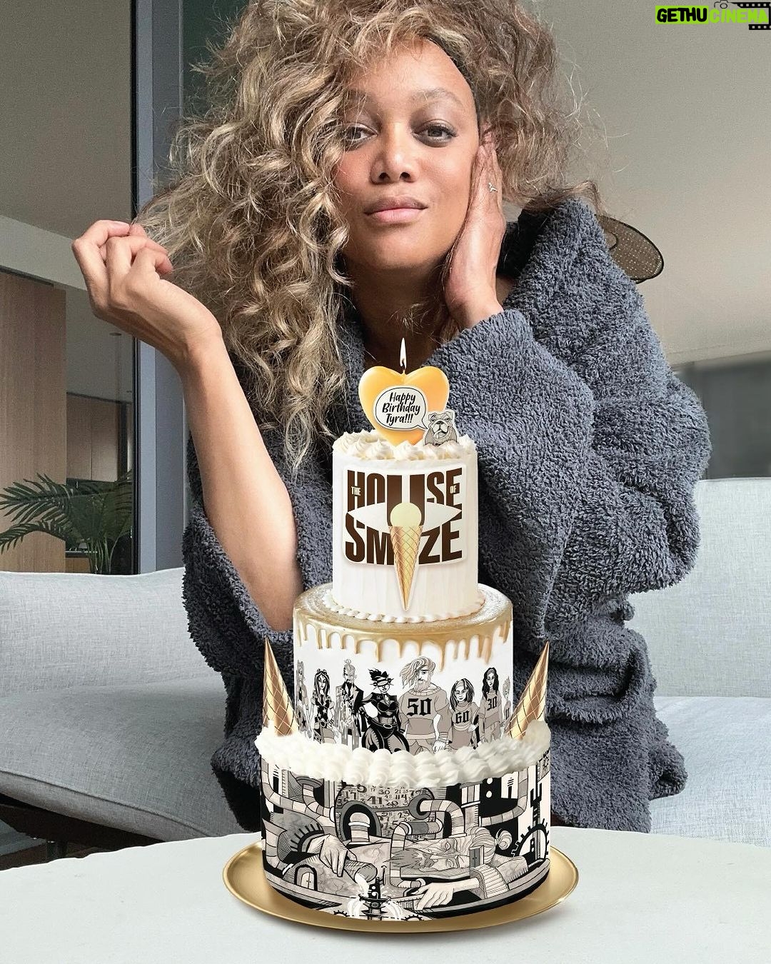 Tyra Banks Instagram - 50. I can’t believe I’ve been on this earth 🌏that many years. I remember like yesterday my mom‘s 50th birthday party 🥳 and we celebrated her in the biggest way. It was a big one. And now it’s mine. So many fear getting older. That’s understandable. Things just aren’t the same anymore. Our bodies. Our energy. Our minds. 🧠 But I gotta say, my mind is FIERCER THAN EVER. Wise, baby. But still… I think we have to look at aging and these big milestone years like, “I GET to be that age.” A Blessing. If you’re younger than me 👧👦, I HOPE you get to reach my age and BEYOND. Because it feels damn good. (What doesn’t feel so good is the damn sciatica I got from falling in a scene in Life-Size 2!!! ) Wise words from Auntie TyTy: You don’t have to stay stuck. You can start off doing one thing, and as the years go by, you switch that ish up. ➰Yeah, I started in the fashion world and did the whole magazine covers, catwalks and couture 💄 thing and more but I have pivoted, baby. Again. You can 2. Can’t stop. Won’t stop. You hear me?! My mama and I have been obsessed with ice cream 🍦for forever. And now (and WOW), I got me some big ice cream DREAMS with @SMiZEandDREAM. I work on the biz 7 days a week. It’s hard work, man. Like crazy. But I’m IN LOVE with it. Because it’s not just about ice cream. It’s about inspiring people to make their dreams come true. What can YOU do well that peeps don’t know? Y’all may not know this, but I can write - scripts, essays, fiction - and I’m damn good at it. (When you’re 50, you can brag about yourself!) And now, I’m co-writing a SMiZE & DREAM graphic novel📕that’s all about age and dreams and yep, lotsa yummy ice cream 🍨. It’s called THE HOUSE OF SMiZE. (Y’all helped pick that title!) So I decided to celebrate 50 with cake 🎂graphic art themed to my new tasty and exciting dream. (When you’re 50, you can photoshop your cake in because you’re too busy doing big thangs!) So now I’m turning to you. Yeah, it’s my birthday but I am curious about YOU. What’s YOUR DREAM? Don’t sleep on it. 🚫💤 Wake up and DREAM🌞…and share it with me. 👇🏽 2024 is around the corner and we are gonna DREAM really BIG…together. 💛TyTy