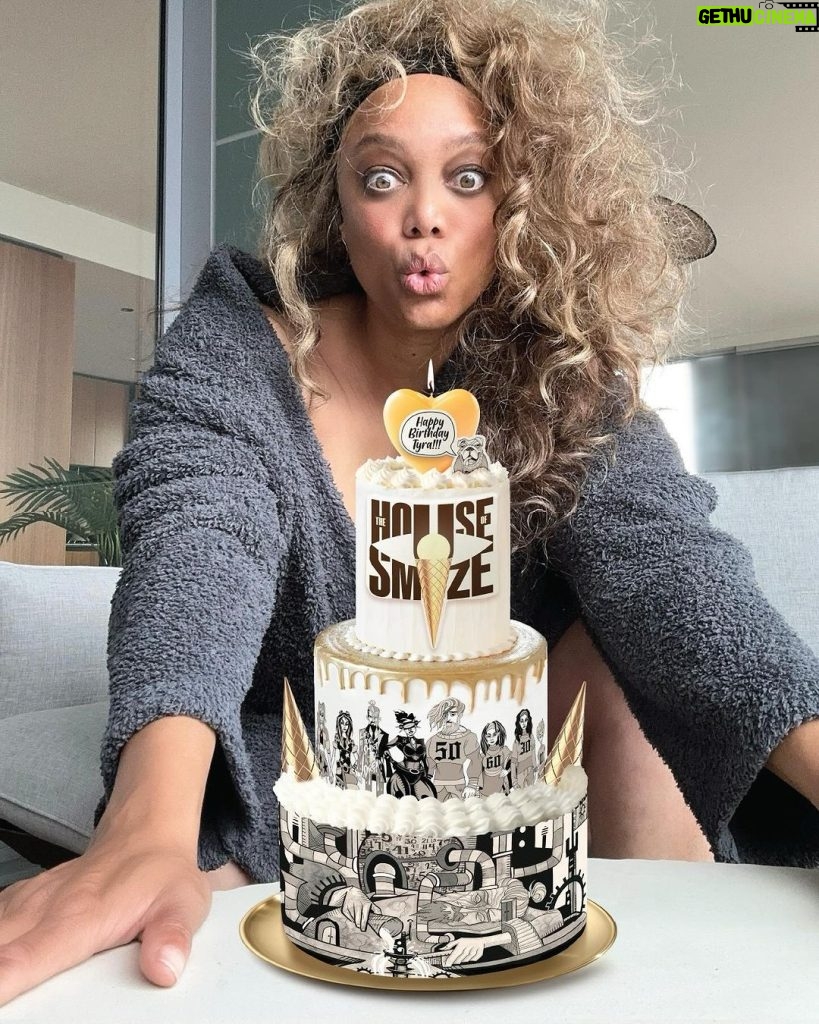 Tyra Banks Instagram - 50. I can’t believe I’ve been on this earth 🌏that many years. I remember like yesterday my mom‘s 50th birthday party 🥳 and we celebrated her in the biggest way. It was a big one. And now it’s mine. So many fear getting older. That’s understandable. Things just aren’t the same anymore. Our bodies. Our energy. Our minds. 🧠 But I gotta say, my mind is FIERCER THAN EVER. Wise, baby. But still… I think we have to look at aging and these big milestone years like, “I GET to be that age.” A Blessing. If you’re younger than me 👧👦, I HOPE you get to reach my age and BEYOND. Because it feels damn good. (What doesn’t feel so good is the damn sciatica I got from falling in a scene in Life-Size 2!!! ) Wise words from Auntie TyTy: You don’t have to stay stuck. You can start off doing one thing, and as the years go by, you switch that ish up. ➰Yeah, I started in the fashion world and did the whole magazine covers, catwalks and couture 💄 thing and more but I have pivoted, baby. Again. You can 2. Can’t stop. Won’t stop. You hear me?! My mama and I have been obsessed with ice cream 🍦for forever. And now (and WOW), I got me some big ice cream DREAMS with @SMiZEandDREAM. I work on the biz 7 days a week. It’s hard work, man. Like crazy. But I’m IN LOVE with it. Because it’s not just about ice cream. It’s about inspiring people to make their dreams come true. What can YOU do well that peeps don’t know? Y’all may not know this, but I can write - scripts, essays, fiction - and I’m damn good at it. (When you’re 50, you can brag about yourself!) And now, I’m co-writing a SMiZE & DREAM graphic novel📕that’s all about age and dreams and yep, lotsa yummy ice cream 🍨. It’s called THE HOUSE OF SMiZE. (Y’all helped pick that title!) So I decided to celebrate 50 with cake 🎂graphic art themed to my new tasty and exciting dream. (When you’re 50, you can photoshop your cake in because you’re too busy doing big thangs!) So now I’m turning to you. Yeah, it’s my birthday but I am curious about YOU. What’s YOUR DREAM? Don’t sleep on it. 🚫💤 Wake up and DREAM🌞…and share it with me. 👇🏽 2024 is around the corner and we are gonna DREAM really BIG…together. 💛TyTy