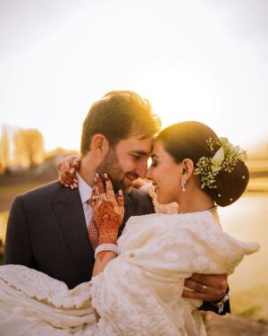 Ushna Shah Instagram - Our forever begins. We are so grateful for the abundance of love we have received from all over the world. Please allow me to formally introduce my husband:

His name is Hamza Amin, he is obviously very easy on the eyes, but that doesn’t even scratch the surface. He is an incredibly kind, loving, romantic, hard working, passionate, honest, witty, hilarious, intelligent, disciplined, fun and generous soul with far too many qualities to write here.. I am blessed to have him as my other half and my best friend for life. 

“And they lived happily ever after” ♥️

🎥 📸 
1-4: @mahasphotographyofficial 
5-8: @thrupolaroids 
(Like how I snuck in the Shendi reel at the end🤭)

(PS. I still haven’t posted my 🇦🇹 👰🏻‍♀️ look, I’ll get around to that soon).

My hair & makeup for the waleema by my lovely chacha-in-law, the great @tariqaminofficial 🤗 

#hamush @hamza.amin87
