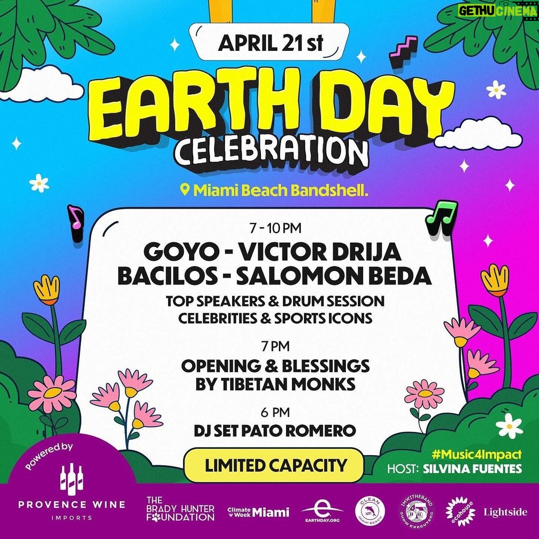 Víctor Drija Instagram - #EarthDayCelebration has arrived in Miami! Get your tickets now and join the Music for Impact Festival! LIMITED CAPACITY bit.ly/earthday-tickets at @miamibeachbandshell 🌎🎶🥳 Top musicians, top speakers, top celebrities, sport icons, food and more! The preview includes activities, such as Beach Clean Up, sunset DJ set and Buddhist Monk Blessing & Meditation. Your ticket will help assist conservation and ecological restoration as well as protecting animal sanctuaries! Join the great launch of Miami Climate Week @miamidadecount! ¡Ya llegó #EarthDayCelebration a Miami! ¡Sacá tus tickets ahora y sumate al Festival de música de Alto Impacto! CAPACIDAD LIMITADA link in bio - bit.ly/earthday-tickets en @miamibeachbandshell ¡Artistas, speakers, celebridades, iconos deportivos, música y más! La previa incluye actividades como Limpieza de Playa, Bendición y Meditación de Monjes Budistas y un DJ Set al atardecer. ¡Tu entrada ayudará a conservar y restaurar reservas ecológicas como también proteger santuarios de animales! ¡Unite al lanzamiento de Miami Climate Week @miamidadecount! 🙏🏻🌎🎶🙌🏽✨🥳 #MusicFestival #Miami #EarthDay #Music4impact Miami Beach, Florida