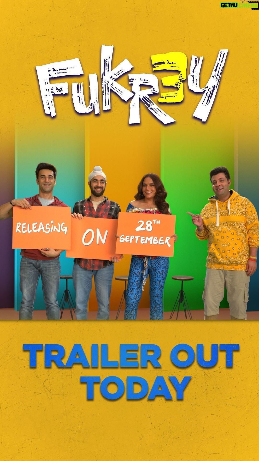 Varun Sharma Instagram - #Fukrey3Trailer out today at 4:30 PM. Stay tuned.❤️💫 @pulkitsamrat @oyemanjot @pankajtripathi @therichachadha @mriglamba @excelmovies @ritesh_sid @faroutakhtar @vipulhappy @amalendu_dop @kassimjagmagia @vishalrr @imanojchouhan @aafilms.official @zeemusiccompany @excelmovies