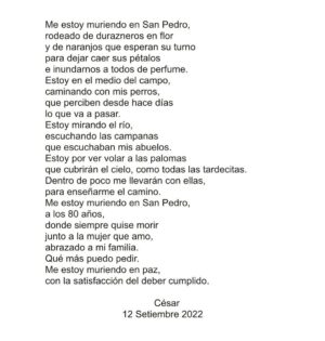 Verónica Lozano Instagram - César Mascetti se despidió de sus seres queridos con estas palabras .
La muerte , la vida , el amor y la belleza confluyen para poner en palabras y de modo honesto y consciente el saber  del partir , de irnos .
Convivimos con esa idea de finitud , que muchas veces ignoramos o no aceptamos .
Leer sus palabras , refuerza lo q ya se . Estamos de paso .. . 

Gracias César por tu simpleza , tu don de gente y tu huella en el periodismo.
Por tus palomas , duraznos y rosas .
Gracias @sanmihanovich por compartir esta belleza.
Mónica preciosa te abrazo y beso 🕊❣️🌸💐