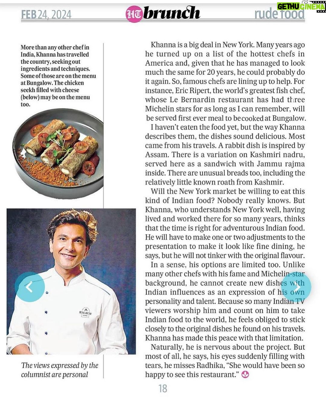 Vikas Khanna Instagram - One of the most heartfelt pieces about a chef’s journey and a restaurant opening I’ve read in years. Though it’s only 4 weeks to go for @bungalowny opening, but this project has been in preparations & dreams since the day I started cooking. Thank you @virsanghvi for your support & love. 28 Days To Go!