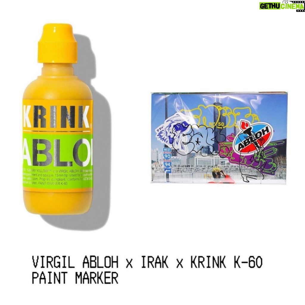 Virgil Abloh Instagram - special “@canary____yellow” K-60 paint marker edition of @iraknyc @krinknyc in support of @sneezemag “50” ~ link to acquire via each of the whole crews bios.