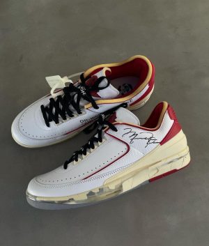 Virgil Abloh Instagram - @Off____White™ x Air Jordan 2 Low is now available online via the link in bio. 
“design premise: trap the indescribable into the object” as stated by @virgilabloh. Like no other sneaker, the Air Jordan 2 Low represents a piece of archival history obsessively recreated with contemporary tech and details.

Discover a new chapter of Off-White™ x Jordan ~ @jumpman23 

A unique crafting process was used to reverse engineer the original premium Air Jordan 2 in homage to the legendary sneaker, proudly incorporating signs of wear and tear into the design and embellishing with MJ’s signature and contemporary touches.