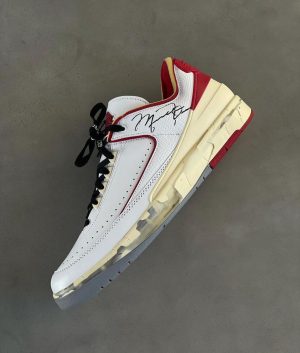 Virgil Abloh Instagram - @Off____White™ x Air Jordan 2 Low is now available online via the link in bio. 
“design premise: trap the indescribable into the object” as stated by @virgilabloh. Like no other sneaker, the Air Jordan 2 Low represents a piece of archival history obsessively recreated with contemporary tech and details.

Discover a new chapter of Off-White™ x Jordan ~ @jumpman23 

A unique crafting process was used to reverse engineer the original premium Air Jordan 2 in homage to the legendary sneaker, proudly incorporating signs of wear and tear into the design and embellishing with MJ’s signature and contemporary touches.