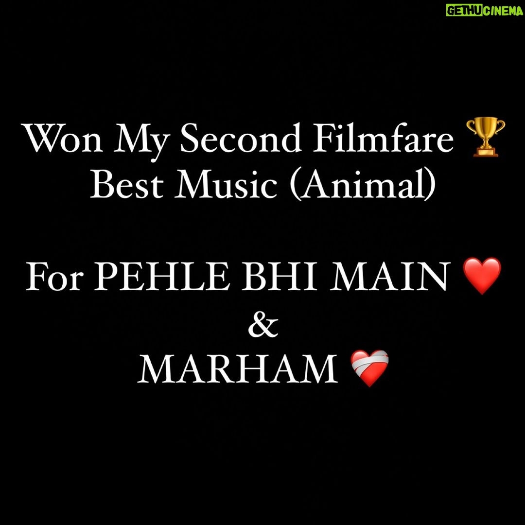 Vishal Mishra - 304.6K Likes - I dedicate this award to you all 💕
Thank you #filmfare 💫
@sandeepreddy.vanga our second together 🏆❤️
@rajshekharis our first 🏆❤️
Congratulations to the whole music team of #Animal ! 🏆
#PehleBhiMain #Marham #TeamWork