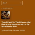 Vishal Mishra Instagram - #PehleBhiMain echoing globally 🌍What a Pre-Birthday Gift. Thank you for this love🙏🧿 Onwards & Upwards 🚀 ❤️‍🩹 #Animal #TeamWork