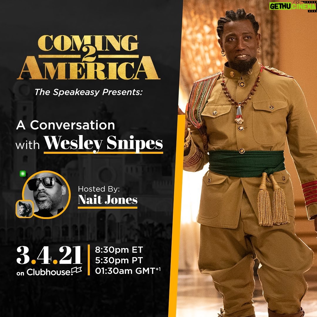 Wesley Snipes Instagram - #Clubhouse here I come!! 🙌🏿 tomorrow I’ll be having a convo with @naitjones that you don’t want to miss! 👑 pull up a chair and join the chat. ✳️Wesley Snipes on Clubhouse✳️ #Clubhouse #C2A #Coming2America #Zamunda #DaywalkerKlique #Izzidoesit