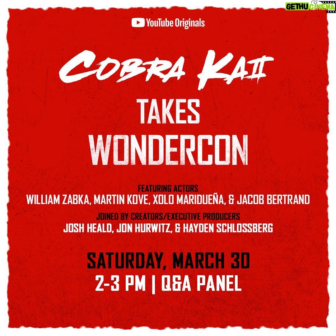 William Zabka Instagram - #TeamCobraKai @CobraKaiSeries is about to sweep the legs at @WonderCon in Anaheim, Ca.. If you're attending, join us at 2PM. If you can't make it , get an exclusive look at all the action on the @CobraKaiSeries IG Story this Saturday #cobrakai