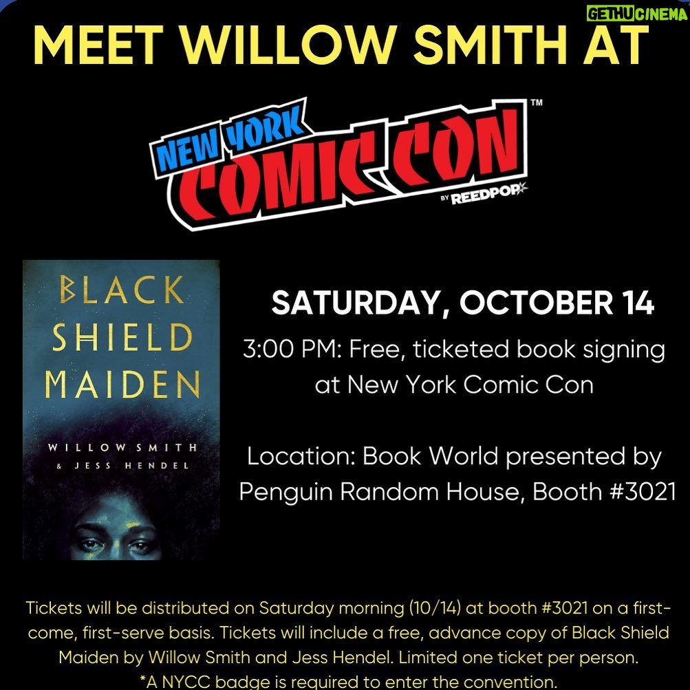 Willow Smith Instagram - Find me at Penguin Random House’s “Book World” booth #3021 on Saturday, October 14 at 3:00pm for a chance to get a signed advanced copy & a photo with me! @newyorkcomiccon @NY_Comic_Con #NYCC @DelReyBooks @jesshendelwrites