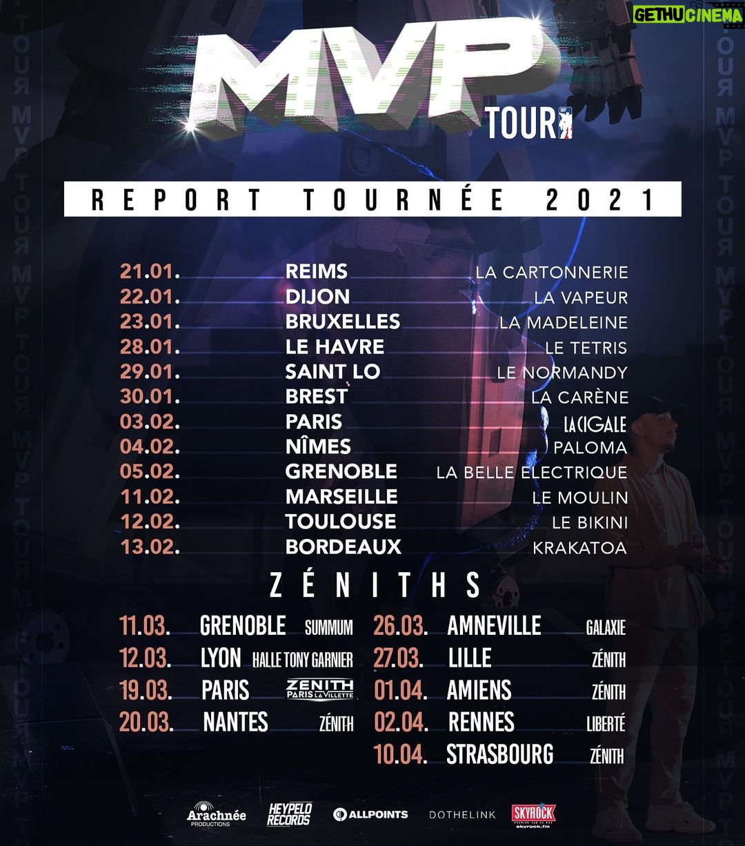Yvick Letexier Instagram - 2K20, c’est à la fois bien et pas bien. Désolé à tout ceux que j’ai laissé dans l’attente des nouvelles dates de la tournée, les voici. Les décisions du gouvernement dans le cadre de la lutte contre le Covid-19 ayant entrainé le report des dates du printemps et de l’été nous avons pris la décision de reporter le MVP tour en 2021 Les billets détenus pour ces concerts aux dates initiales de 2020 sont valables pour les nouvelles dates de 2021 (excepté cas particuliers voir ci-dessous) Si vous ne pouvez pas assister à la nouvelle représentation, nous vous prions de vous rapprocher de votre point de vente pour obtenir le remboursement. Cas particuliers : - Reims, la salle reste identique mais le remboursement est en cours pour des raisons administratives. Nouvelle billetterie en ligne - Bordeaux, concert de l’Arkea Arena déplacé au Krakatoa, rapprochez-vous de votre point de vente pour obtenir le remboursement. Nouvelle billetterie en ligne - Toulouse, concert du Zénith déplacé au Bikini, rapprochez-vous de votre point de vente pour obtenir le remboursement. Nouvelle billetterie en ligne - Marseille, concert du Dôme déplacée au Moulin, rapprochez-vous de votre point de vente pour obtenir le remboursement. Nouvelle billetterie en ligne - Rouen, concert annulé, rapprochez-vous de votre point de vente pour obtenir le remboursement LIEN DANS MA BIO The Masbiekers Valley