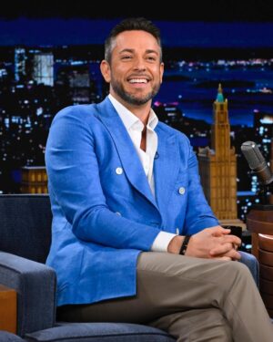 Zachary Levi Instagram - Catch me and @jimmyfallon  on your screens TONIGHT on fallontonight! 

11:35/10:35c on @nbc

Styled by: @warrenalfiebaker 
Suit: @brioni_official
Necklace and Watch: @movado 
Grooming: @michelledemilt

Photo credit: Todd Owyoung/NBC