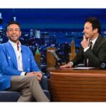 Zachary Levi Instagram - Catch me and @jimmyfallon on your screens TONIGHT on fallontonight! 11:35/10:35c on @nbc Styled by: @warrenalfiebaker Suit: @brioni_official Necklace and Watch: @movado Grooming: @michelledemilt Photo credit: Todd Owyoung/NBC