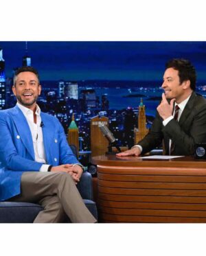 Zachary Levi Instagram - Catch me and @jimmyfallon  on your screens TONIGHT on fallontonight! 

11:35/10:35c on @nbc

Styled by: @warrenalfiebaker 
Suit: @brioni_official
Necklace and Watch: @movado 
Grooming: @michelledemilt

Photo credit: Todd Owyoung/NBC