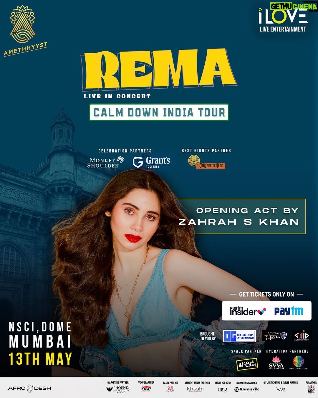Zara Khan Instagram - Get ready to be mesmerized by the soulful and electrifying performance of Zahrah S Khan, the opening act for Rema's Calm Down India tour. Don't miss out on this unforgettable experience, book your tickets now! Get your tickets @insider.in Best nights partner: @jagermeister.india Celebration partner: @grantsindia @monkeyshoulderindia Snack partner: @mccainfoods_india Hydration partner: @estuaryworld Brought to you by @iloveliveentertainment @yuvrajent @offlineguysentertainment @Amethhyyst @grid_entertainment_ #Rema #CalmDownIndiaTour #LiveMusic #Concert #Performance #MusicLovers #PartyTime #Entertainment #UnforgettableNight #InstaMusic #InstaConcert #InstaParty #MusicFestival #MusicConcert #ConcertPhotography #ConcertAddict #NightLife #GoodTimes #MusicIsLife #MusicAddict #GoodMusic #ConcertGoer #ConcertLife #MusicForTheSoul #MusicJunkie #ConcertExperience #ConcertFun #instaconcert #liveconcert #music Mumbai, Maharashtra