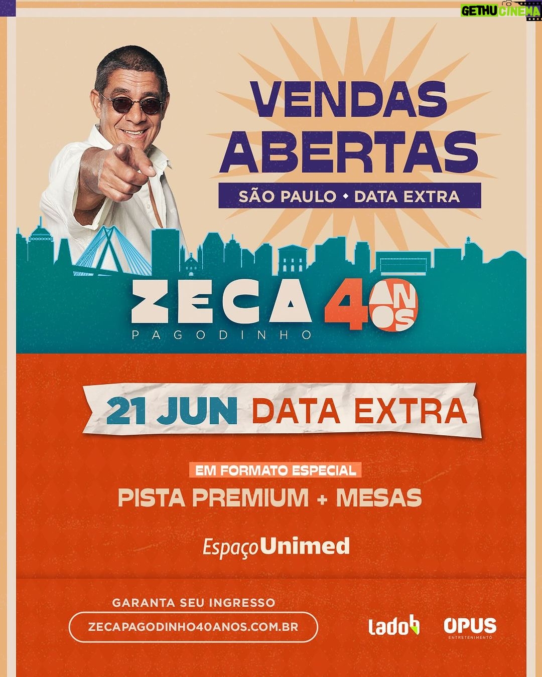 Zeca Pagodinho Instagram - VENDAS ABERTAS, SÃO PAULO! Vocês pediram e atendemos: o sucesso foi tanto que abrimos uma DATA EXTRA! Dia 21/06 também vai ser dia de @zecapagodinho no @espacounimed, em formato inédito! Mesas + Pista Premium pra gente sambar muito! 🧡 Garanta agora o seu ingresso e não fique de fora da celebração dos 40 anos de carreira do maior sambista do Brasil! 🎟 zecapagodinho40anos.com.br #Zeca40anos #zecapagodinho40anos #zecapagodinho