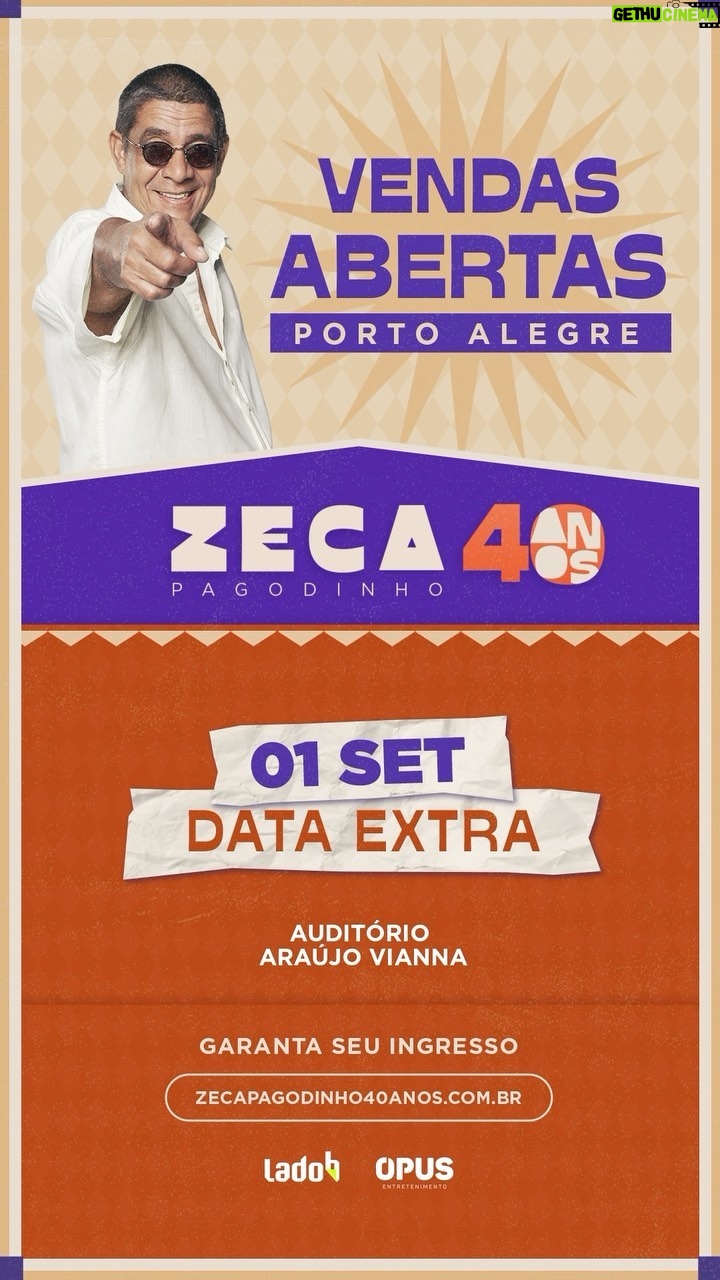 Zeca Pagodinho Instagram - VEM, PORTO ALEGRE! Estão abertas as vendas de ingressos para show de DATA EXTRA do Zeca, no dia 1º de setembro, domingo, no @araujoviannaoficial 🧡 🎟 Acesse zecapagodinho40anos.com.br ou pelo link da Bio e garanta o seu ingresso Venha comemorar os 40 anos de carreira do sambista mais querido do Brasil, com muita alegria e muito samba neste show inédito ✨ #Zeca40Anos #ZecaPagodinho #ZecaPagodinho40Anos #PortoAlegre
