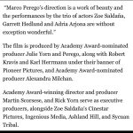 Zoe Saldaña Instagram - Proud to have our movie debuting at the Taormina Film Festival. Let’s go Marco!
