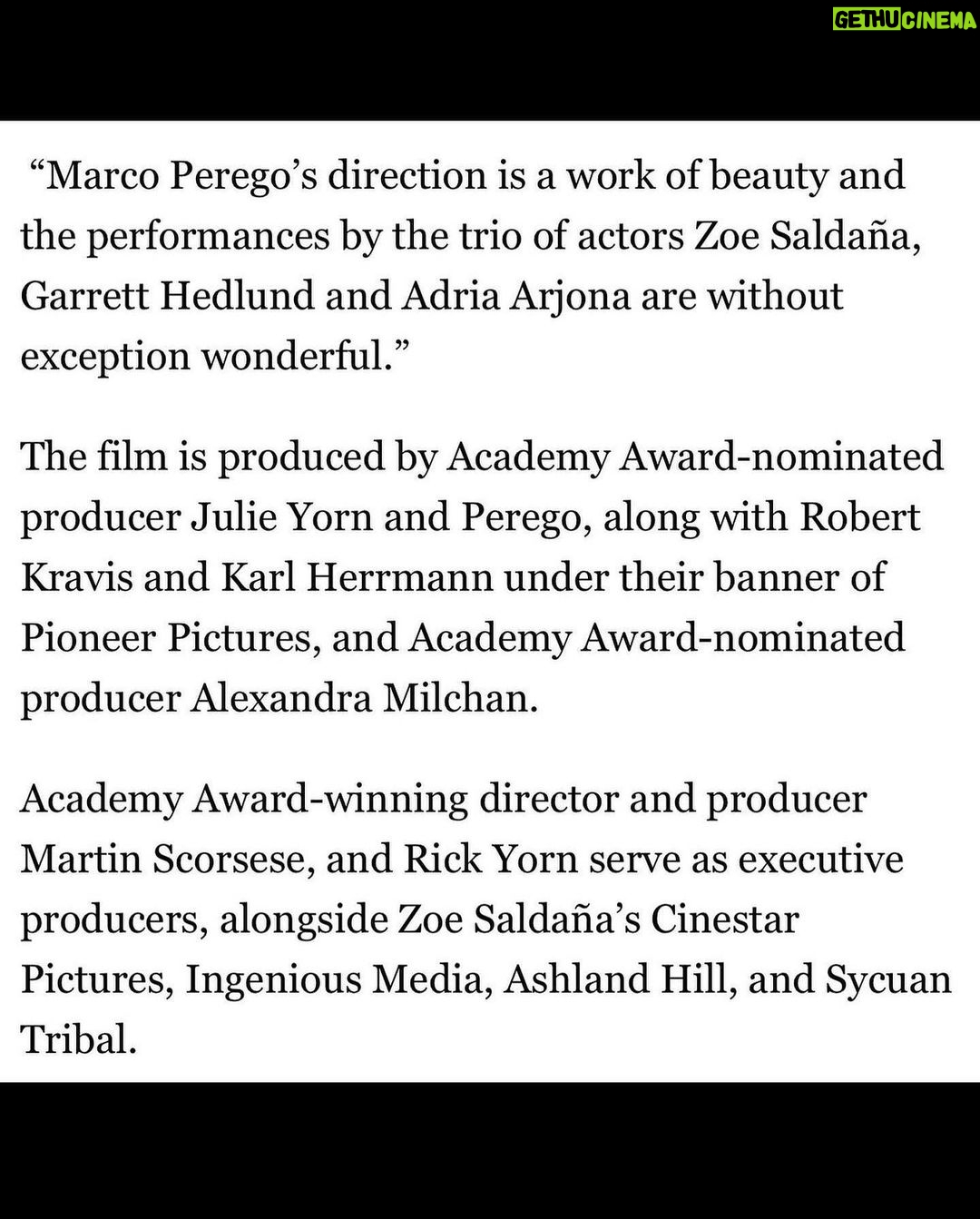 Zoe Saldaña Instagram - Proud to have our movie debuting at the Taormina Film Festival. Let’s go Marco!