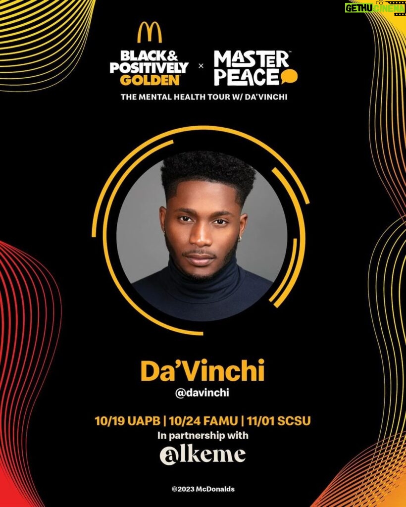 da'Vinchi Instagram - It’s been a long time in the making! I’m glad to finally announce the MasterPeace Tour with @mcdonalds and HBCU schools across the country. We’re here to uplift Black stories through conversations and independent Black films that elevate and support mental health and wellness. #blackandpositivelygolden @wearegolden #ad (All films are fully non-union)