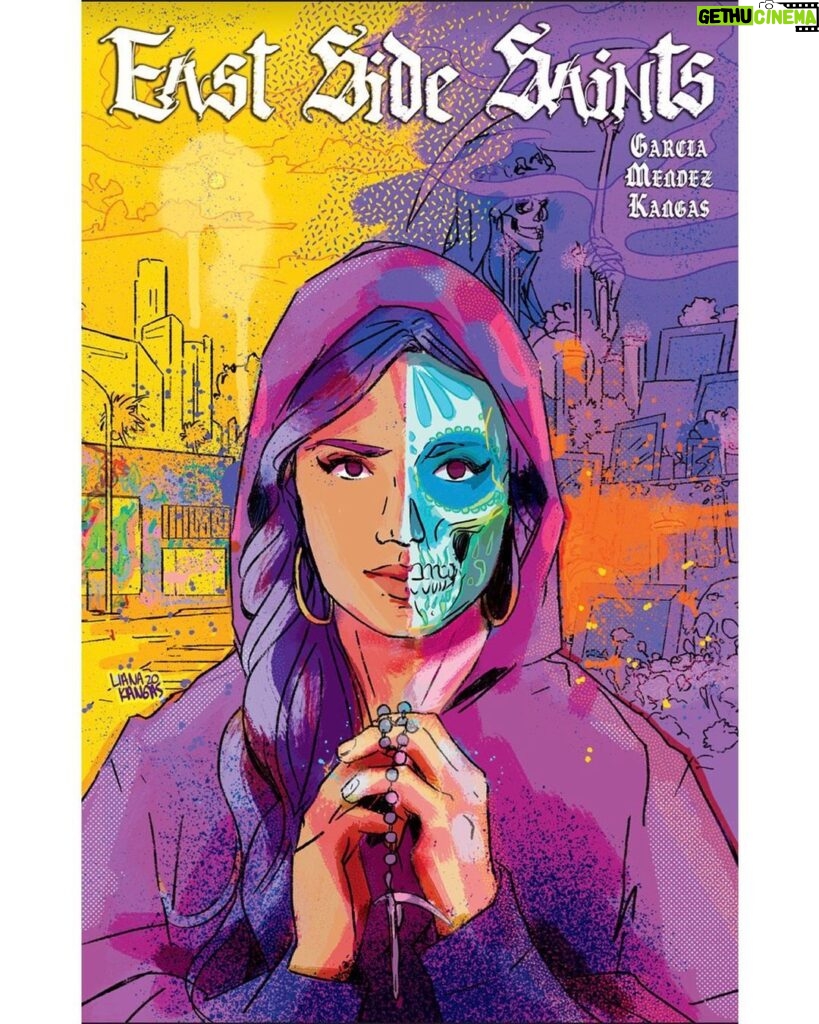 Aimee Garcia Instagram - Meet #MUERTA ... one of our many diverse heroes #EastSideSaints @scrappyheartproductions 💀💜💙💛 @theajmendez @lianakangas @eastsidesaintscomic