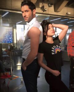 Aimee Garcia Instagram - TWO DAYS .... until these goofballs are back 😈👩🏽‍🔬 @officialtomellis #Lucella @lucifernetflix #May8 #Netflix Warner Bros. Entertainment